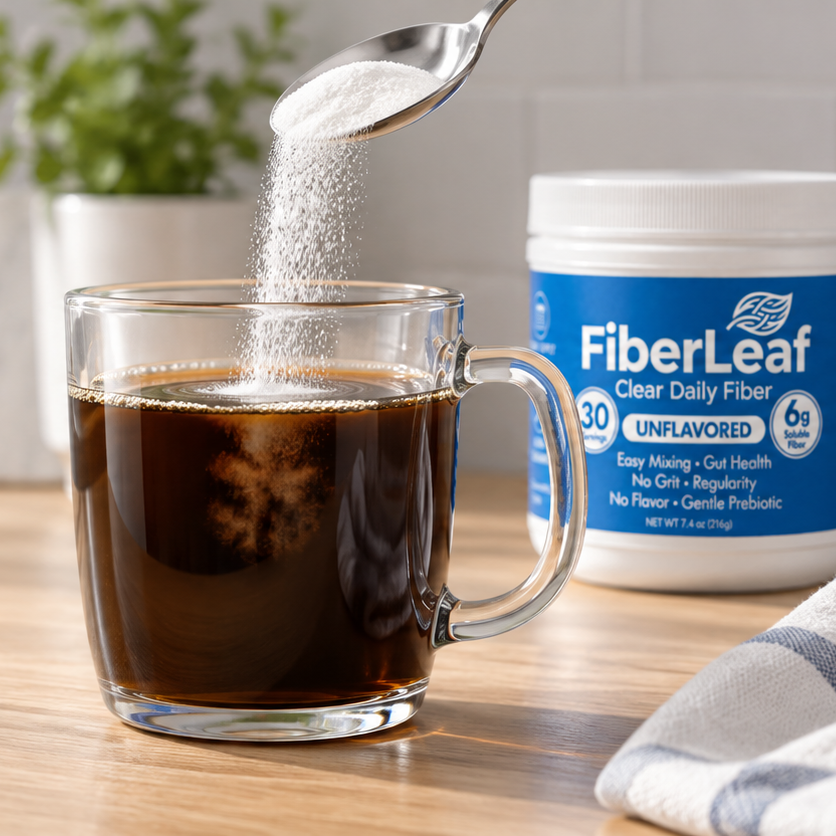 A spoonful of FiberLeaf disappearing into a cup of coffee on a modern kitchen counter.