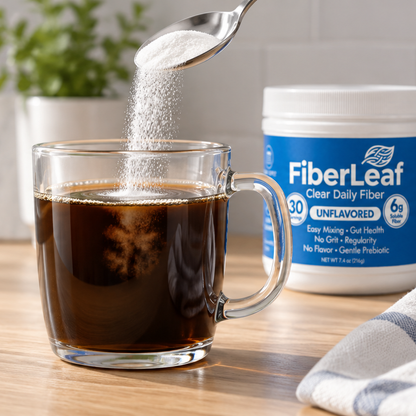 A spoonful of FiberLeaf disappearing into a cup of coffee on a modern kitchen counter.