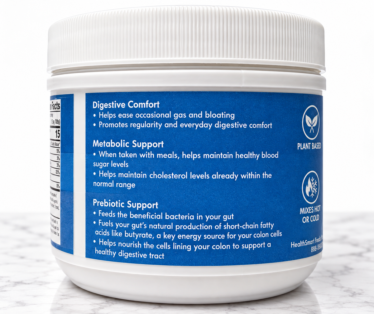 Side of FiberLeaf can listing digestive comfort, metabolic support and prebiotic support benefits