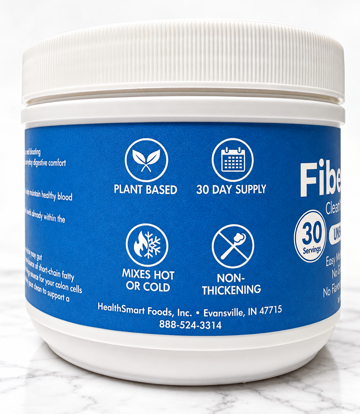 Side of FiberLeaf can: plant based, 30 day supply, mixes hot or cold, non-thickening