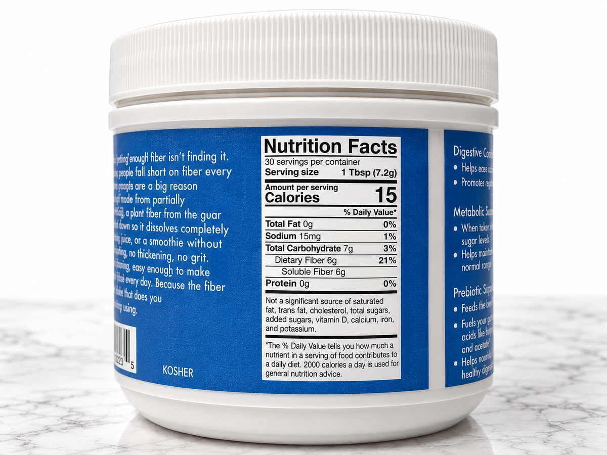 FiberLeaf Nutrition Facts panel: 1 tablespoon serving, 15 calories, 6g dietary fiber
