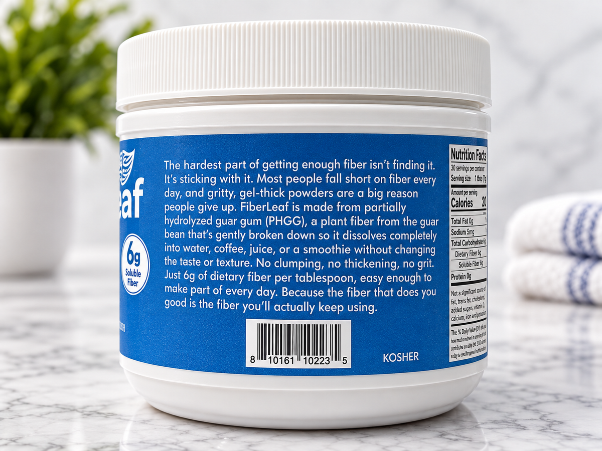 Back of FiberLeaf can explaining partially hydrolyzed guar gum